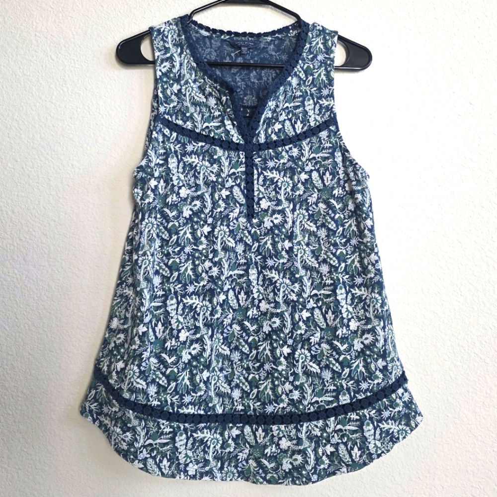 Lucky Brand Boho Paisley Split Neck Crochet Trim Top Sleeveless Cotton Linen